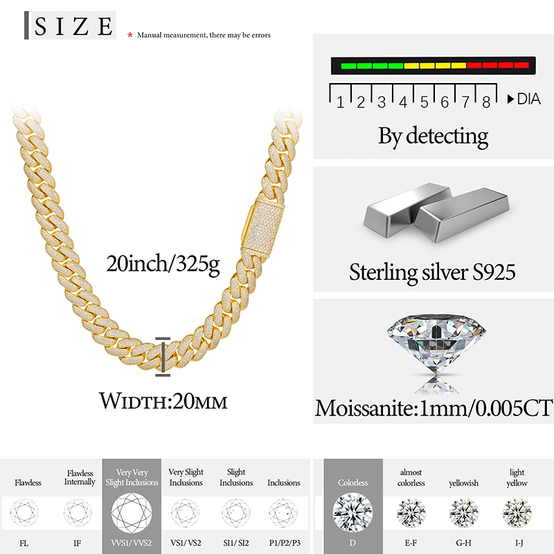 New Arrival Rapper Jewelry 20mm Gold Plated 925 Sterling Silver Round Cut Vvs Moissanite Iced out Cuban Link Chain for Men