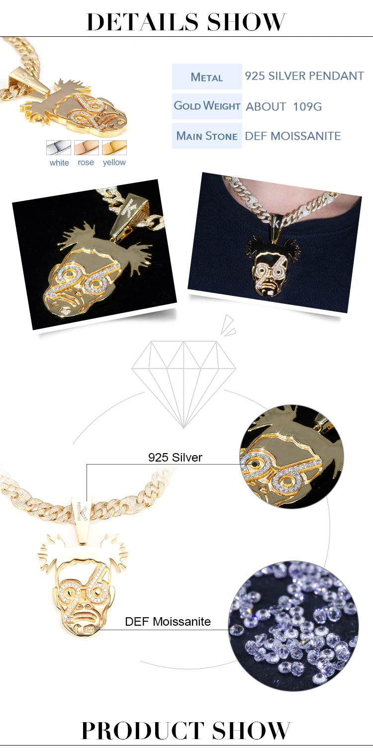 MSN-542 Hip-Hop Jewelry 925 Silver Men′s Moissanite Cuban Link Chain Pendant