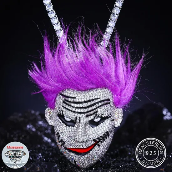 Fancy Purple Hair Guy Hip Hop Jewelry 925 Sterling Silver Pass Diamond Tester Vvs Moissanite Iced out Payaso colgante con cadena