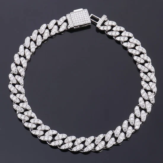 Rodio plateado 6 mm 8 mm 7-9 pulgadas Plata 2 filas Moissanite Pulsera de eslabones cubanos Estilo hiphop para hombre