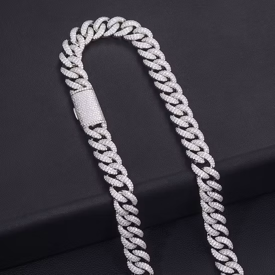 Cadena de eslabones cubanos con diamante de moissanita Vvs de plata de ley 925 chapada en oro de 14 mm con caja de joyería de lujo