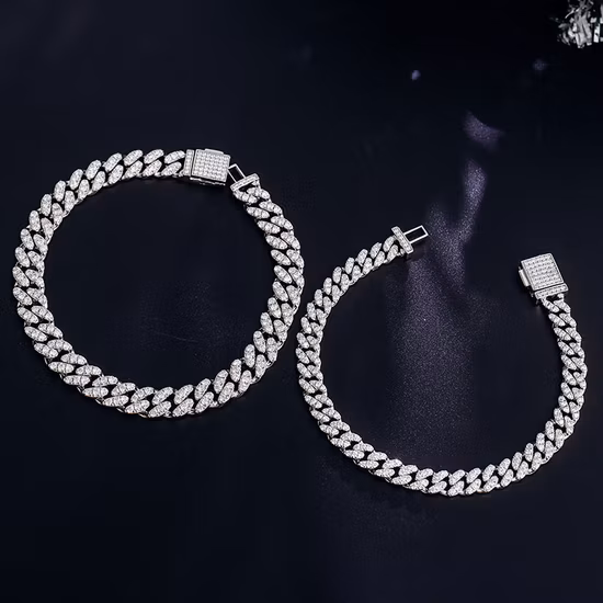 Moissanite 6mm 8mm 10mm 7-9 pulgadas Plata Moissanite Pulsera de eslabones cubanos Estilo hiphop chapado en rodio para hombre