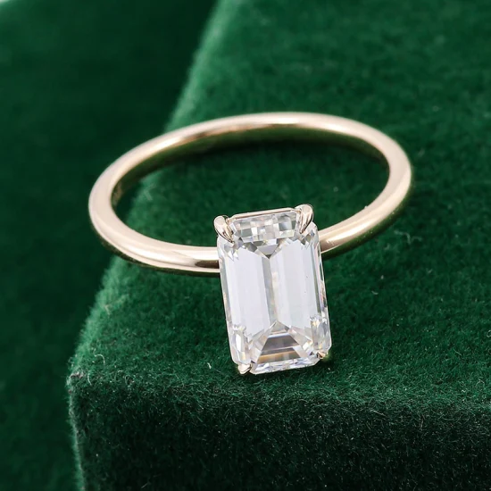 Joyería fina, anillo de compromiso hecho a mano con corte esmeralda de diamante de moissanita de color Vvs Def de oro amarillo de 14K para mujer, precio al por mayor